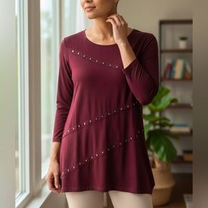 NWT Investments Women’s Size L Burgundy Red Studded 3/4 Length Sleeve Blouse